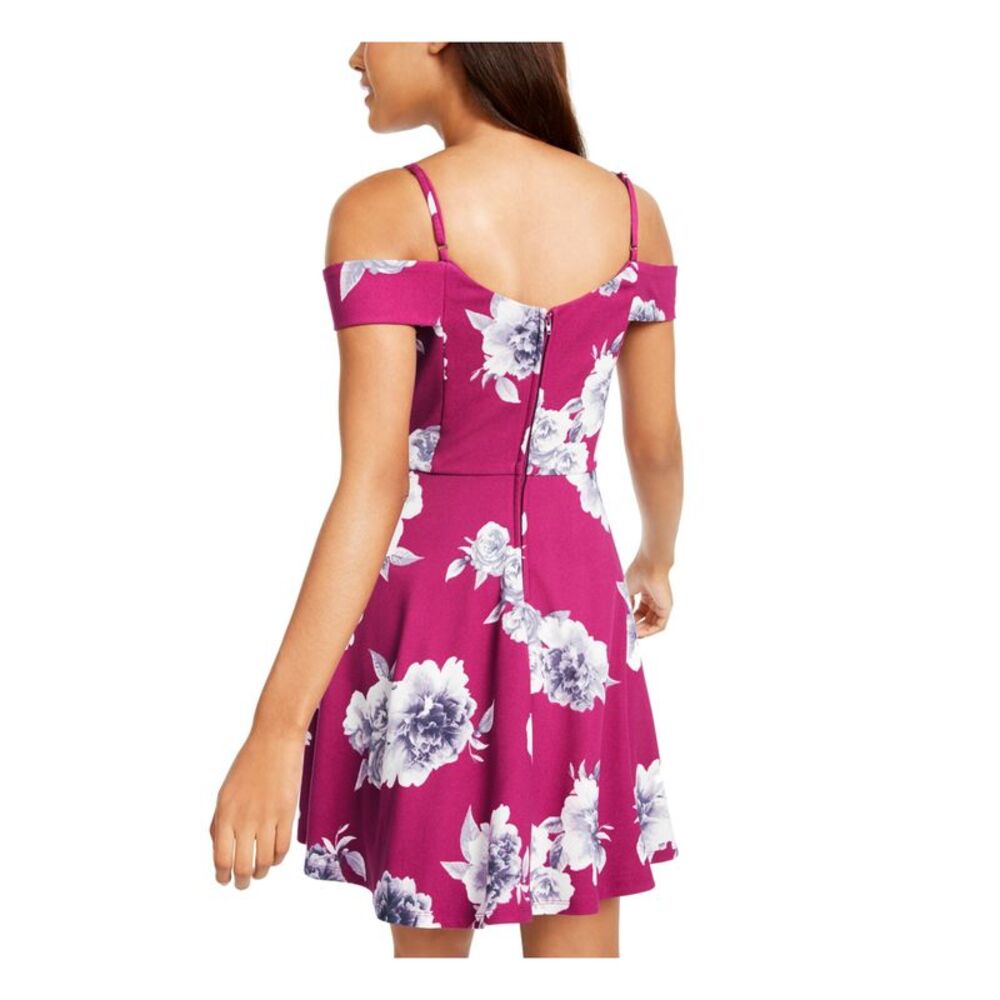 CITY STUDIO Womens Burgundy Cold Shoulder Floral Short Dress 9 - Picture 2 of 2